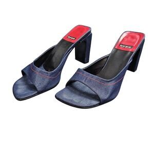 Vintage Hype Shoes Womens 8.5 Blue Denim Peep Toe Block Heel Y2K Preppy Square